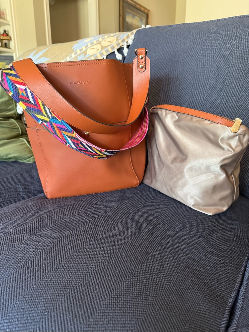 Bostanten Chestnut Leather Tote Shoulder Bucket Bag w/ 2 Interchangeable Straps